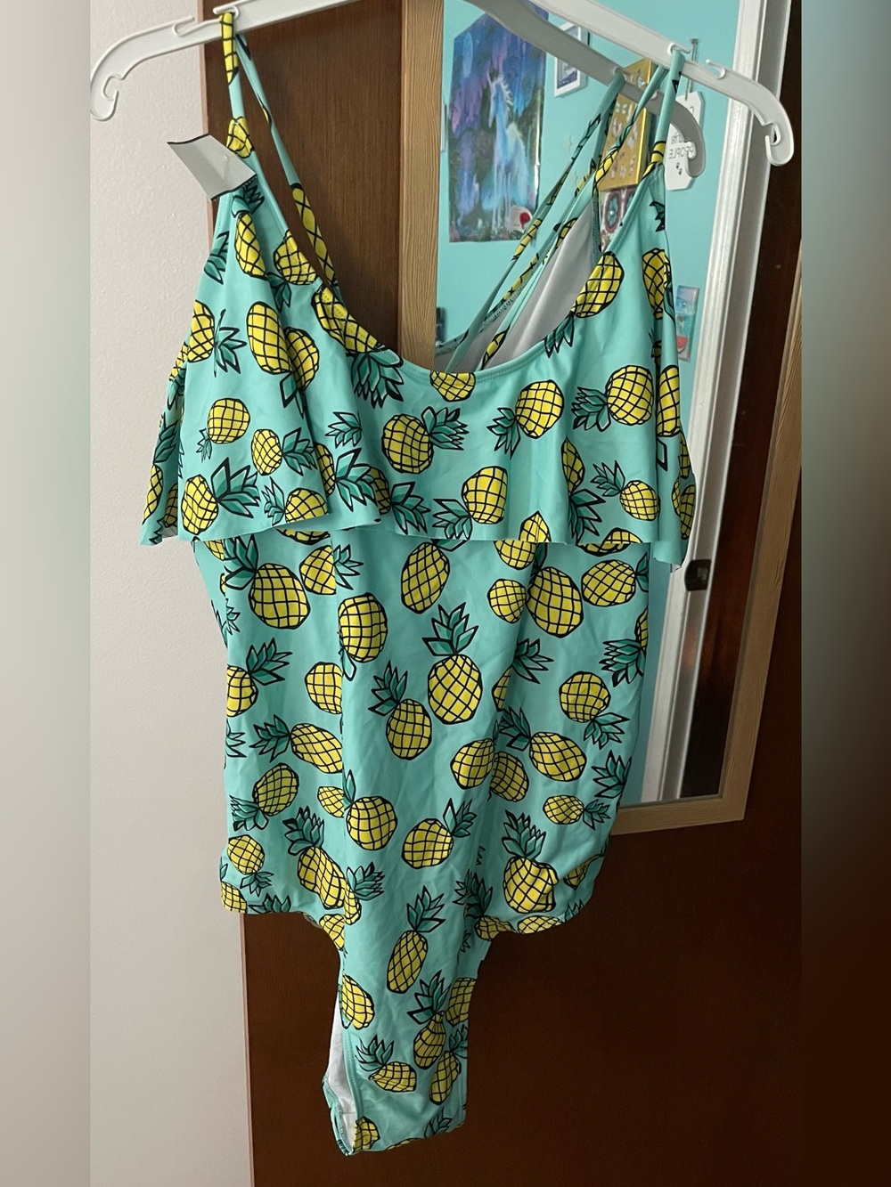 Rosegal Pineapple Print One-Piece Swimsuit - Aqua and Yellow